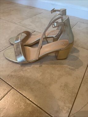 Metallic Gold Block Heel Sandals with Ankle Strap